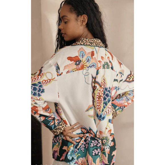 Anthropologie X Sarah Gordon Flannel Pajama Top Size Small Floral Humming Bird - Picture 9 of 16